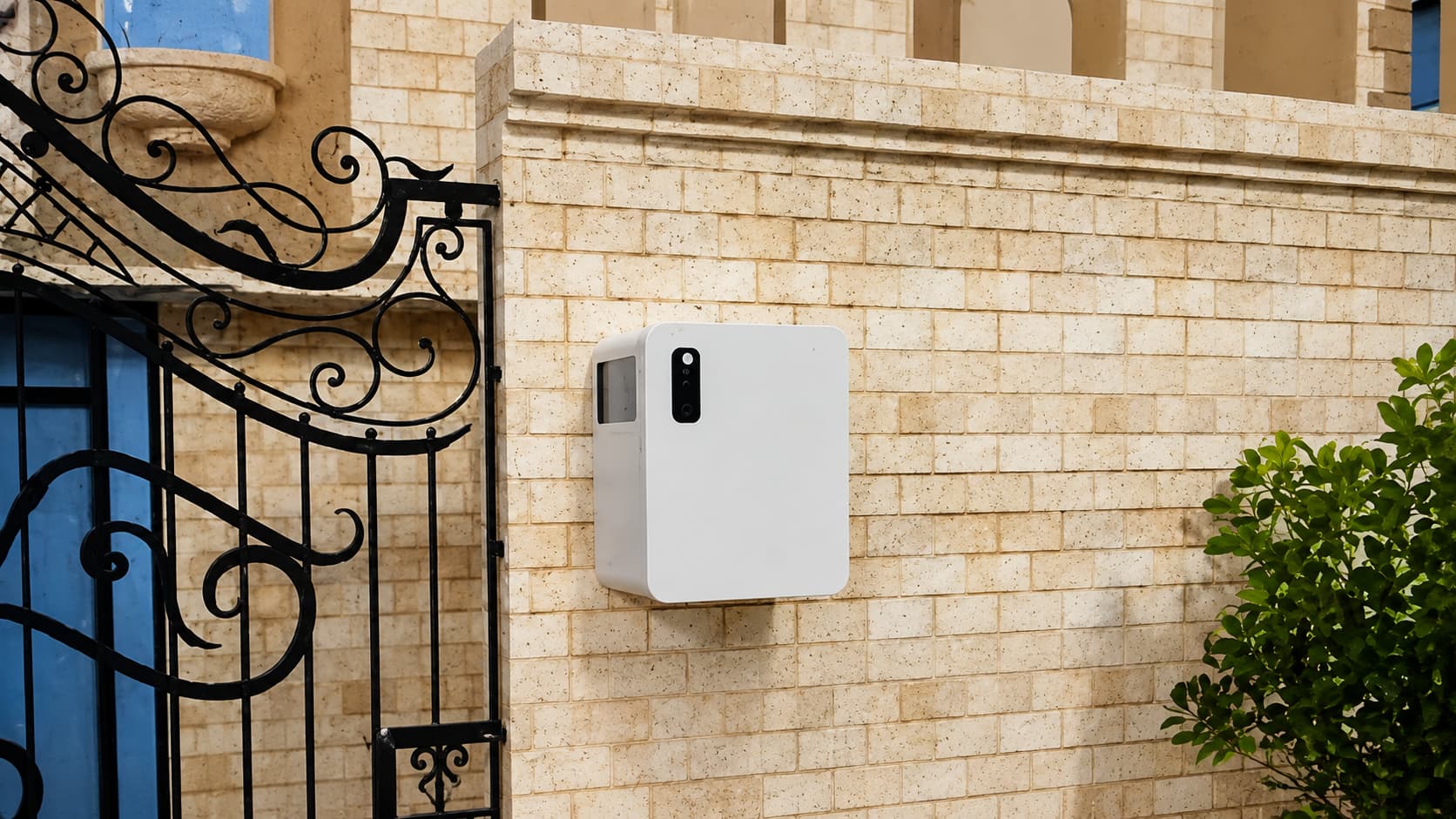 Reachox smart parcel box installed on a villa wall beside an iron gate